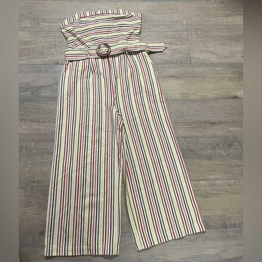 Moon River Striped Strapless Belted Multicolor Wide Leg Jumpsuit Summer Party